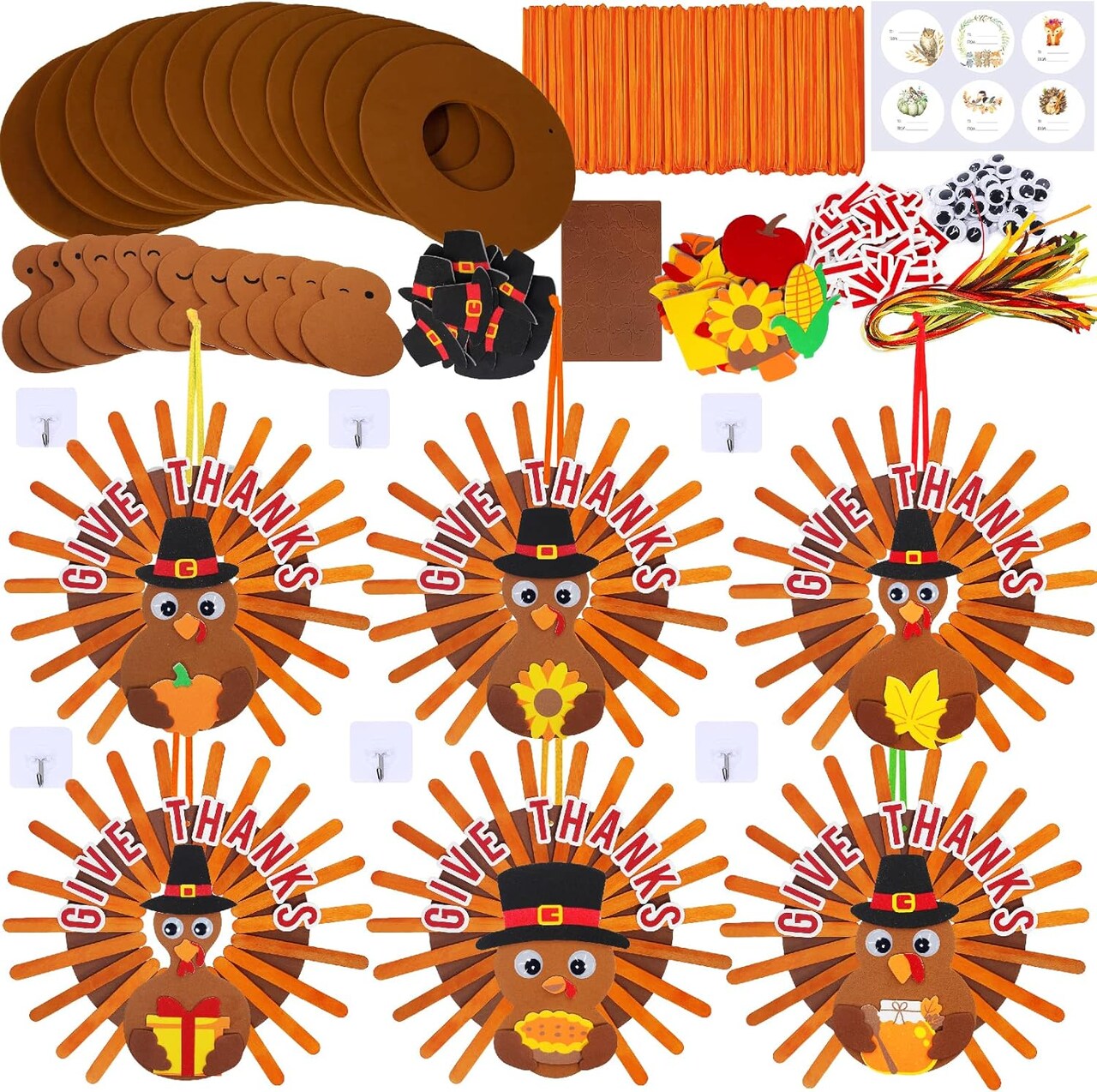 12-Pack Thanksgiving DIY Wreath Craft Kits for Kids – “Give Thanks” Turkey Foam Stick Art Sets with Googly Eyes, Wood Craft Sticks & Fall Stickers for Classroom & Home Activities (orange, Brown) 8 x 2 x 13 inches